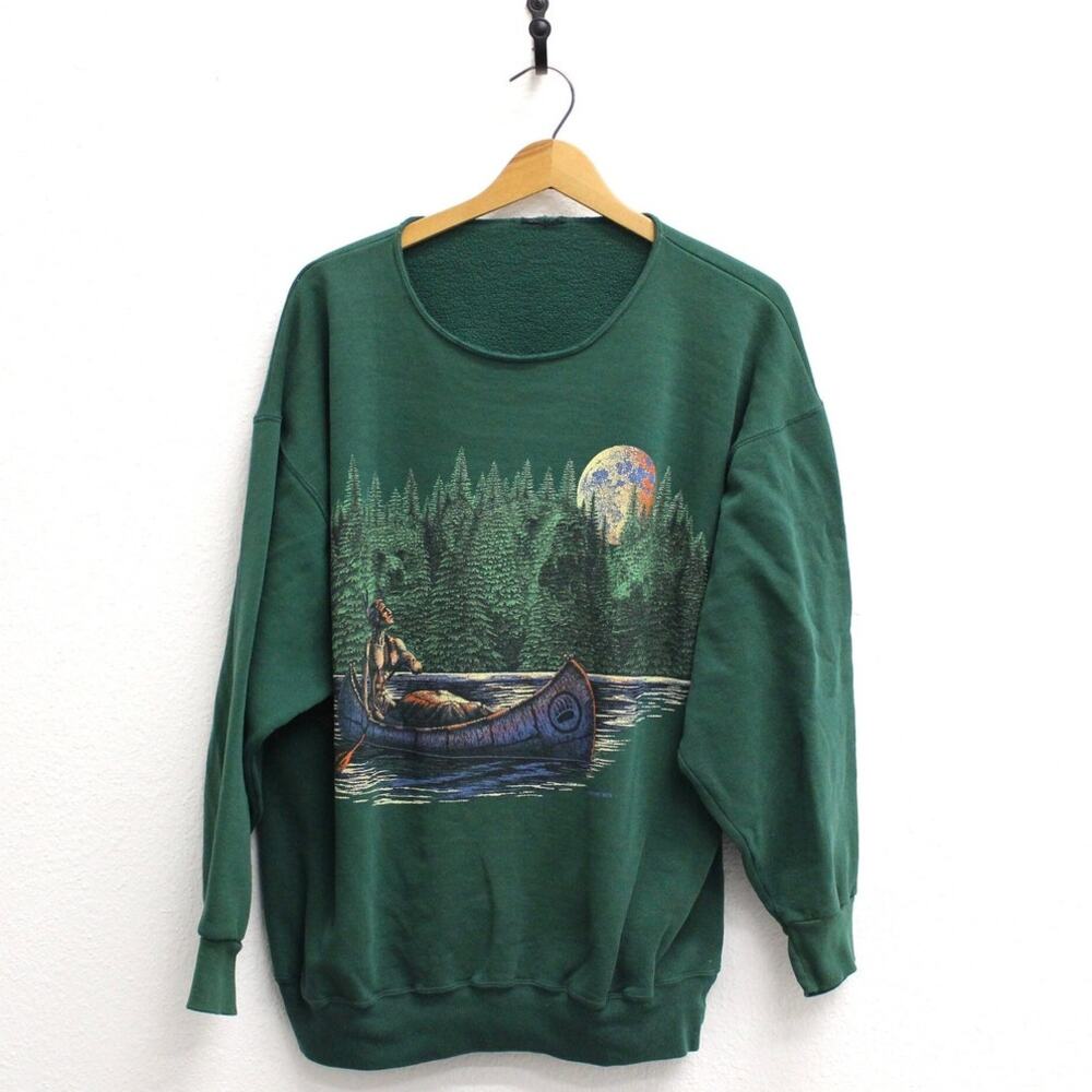 Vintage Native American Canoe Full Moon Sweatshirt XL